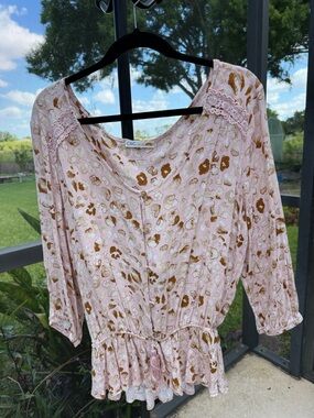 C&C California Pink and Brown Floral Tie-Waist Long Sleeve Dress